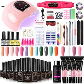 Limegirl 16 Colors Manicure Set with 54W UV LED Lamp 2Set Base Coat Top Coat and Nail Drill Machine Professional Poly Nails Gel Kit Soak-off Nail Art