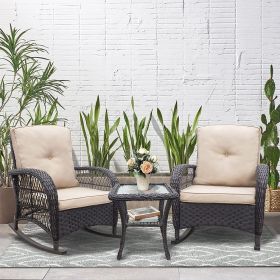 3 Pieces Outdoor Wicker Rocker Patio Bistro Set;  Rocking Glider Chairs with Premium Cushions and Armored Glass Top Side Table;  Elegant Wicker Patio