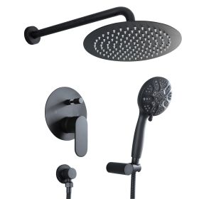 10-in. Wall Mount Concealed Round High Pressure Rainfall 360 Degree Adjustment Shower Head with 5-function Handheld Spray Combo (Color: Matte black, Shower head size: 10 inch)