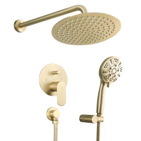 10-in. Wall Mount Concealed Round High Pressure Rainfall 360 Degree Adjustment Shower Head with 5-function Handheld Spray Combo (Color: Gold, Shower head size: 10 inch)