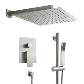 12-inch/10-inch Wall Mount Square Stainless Steel High Pressure Rainfall Shower Head with Handheld Spray Combo, 360 Degree Adjustable Slide Bar (Color: Brushed Nickel, Shower head size: 12 inch)